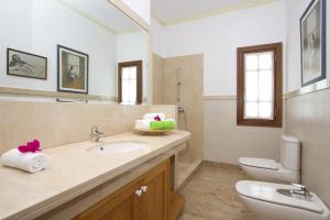 a bathroom with a sink and a toilet and a mirror at Villa Remedios in Teguise