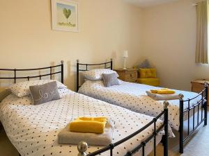 two twin beds in a bedroom with polka dots at Coed Y Nant Barn in Cilybebyll