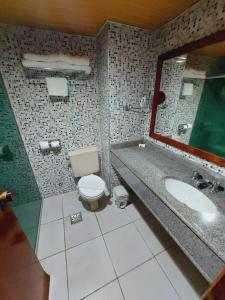 La salle de bains est pourvue de toilettes, d'un lavabo et d'un miroir. dans l'établissement Taj Mahal Hotel, à Manaus