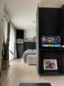sala de estar con TV de pantalla plana y chimenea en Estudio en Belén de Escobar