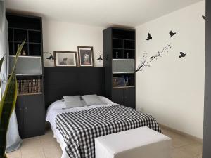 1 dormitorio con cama y estanterías en blanco y negro en Estudio en Belén de Escobar