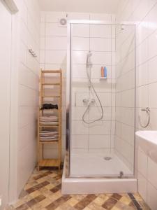 y baño con ducha y puerta de cristal. en Maison LYDIE - Meublé de vacances 3 étoiles, en Charleroi