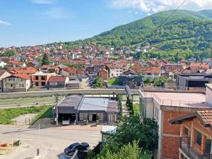 una piccola cittadina con una montagna sullo sfondo di Central Private Apartment with Views a Pejë