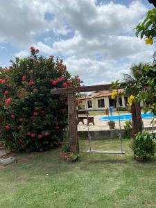 eine Schaukel in einem Garten neben einem Busch mit Rosen in der Unterkunft Pousada Sitio Parque dos Lençóis in Barreirinhas
