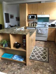 uma cozinha com um lavatório e um fogão forno superior em Aux quatre vents 4,5 grand logement privé em Lac-Mégantic