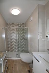 a bathroom with a shower and a toilet and a sink at House Palma in Selca