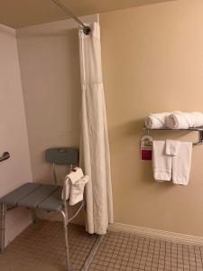 a bathroom with a shower with a chair and towels at Ramada by Wyndham Anchorage in Anchorage
