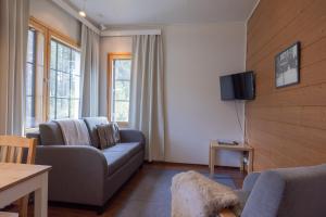 a living room with a couch and a tv at Sallainen Cottages in Salla