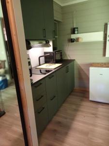 a kitchen with green cabinets and a white refrigerator at Koselig leilighet , med parkering og ski in &out. in Oppdal