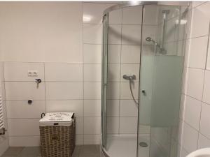 y baño con ducha y puerta de cristal. en A.M.C. Ferienwohnung en Karlstadt