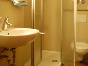 een badkamer met een wastafel en een douche met een toilet bij Gasthaus Rehwinkel in Titisee-Neustadt