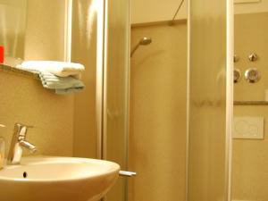 een badkamer met een douche, een wastafel en een toilet bij Gasthaus Rehwinkel in Titisee-Neustadt