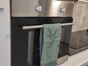 a green towel is hanging from an oven at Ferienwohnung am Hof in Zwiefalten
