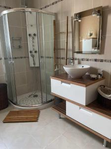 a bathroom with a sink and a shower with a mirror at A la casa de papel in Neuilly-sous-Clermont