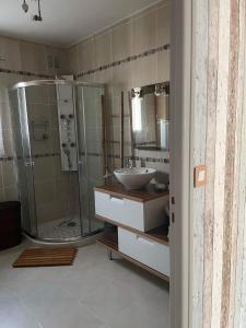 a bathroom with a sink and a shower at A la casa de papel in Neuilly-sous-Clermont