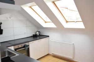 a kitchen with skylights in the ceiling of a loft at Apartament Mąki Gram in Złocieniec