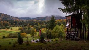 a cabin in the middle of a field with trees at Tree House Gorski Lazi in Tršće