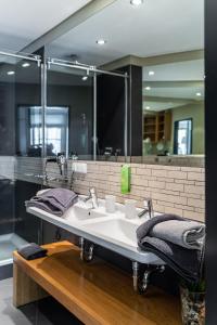 a bathroom with a sink and a large mirror at THE GREEN Rostock Apartment Hotel in Rostock +40 photos