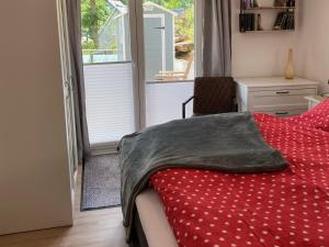 Ferienwohnung Dick في شمالنبرغ: غرفة نوم مع بطانية حمراء على سرير