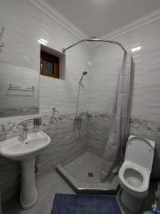 a bathroom with a shower and a toilet and a sink at MUSAVVIR in Samarkand