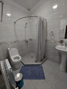 a bathroom with a shower and a toilet and a sink at MUSAVVIR in Samarkand