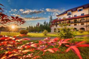 a view of a building with red flowers in the foreground at Ana Hotels Sport Poiana Brasov in Poiana Brasov