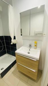 La salle de bains est pourvue d'un lavabo et d'une douche. dans l'établissement Montpellier Antigone : Studio récent 2 personnes, à Montpellier