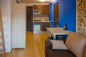 a living room and kitchen with a couch and a table at U Pazdurka in Szczawnica