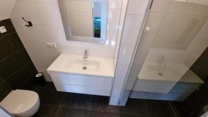 a bathroom with a sink and a toilet and a mirror at Westkapelle comfortabele Strandkamer aan de Kreek in Westkapelle