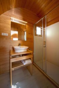 y baño con lavabo y ducha. en Camping Els Ports en Arnes