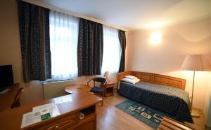 a bedroom with a bed and a desk at Hotel Pannonia in Miskolc