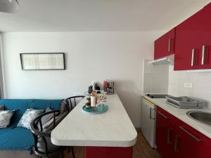 a small kitchen with red cabinets and a counter top at Apartment Le Viking by Interhome in La Grande Motte