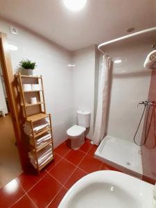馬爾皮卡的住宿－Cómodo apartamento en la costa Gallega，浴室铺有红色瓷砖地板,设有白色卫生间。