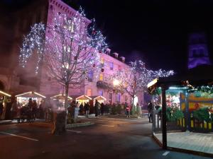 Un groupe de personnes marchant dans une rue aux lumières de Noël dans l'établissement MUNSTER camping de la FECHT, à Munster