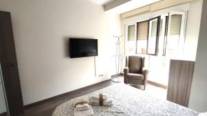 a bedroom with a bed and a chair and a television at Los Soportales in Soria