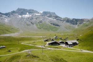 a view of a mountain with houses and a road at Berg- & Naturhotel Engstligenalp in Adelboden