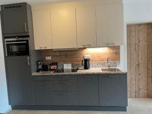 a kitchen with gray cabinets and a sink at Apartment Ski & Golf Suites Zell am See by Interhome in Zell am See