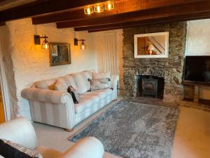 a living room with a couch and a fireplace at Buttercup Cottage, located in the gateway to Eden! in Saint Blazey