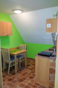 kuchnia ze stołem i zieloną ścianą w obiekcie Studio Rieger 4 by Interhome w mieście Harrachov