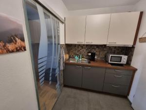 Apartment Alpensicht by Interhome في هوتشنشوند: مطبخ صغير مع دواليب بيضاء وميكرويف
