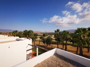 een uitzicht vanaf het balkon van een huis met palmbomen bij Condado de Alhama Golf resort - Villa Alba in Alhama de Murcia