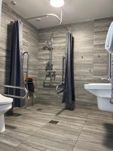 a bathroom with a shower and a toilet and a sink at Kings Hotel in Newmarket