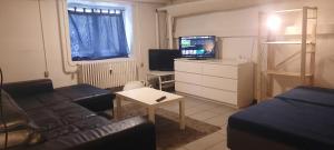 een woonkamer met een bank en een tv bij Odense CITY, Thorsgade, 1A. Basement of house . in Odense
