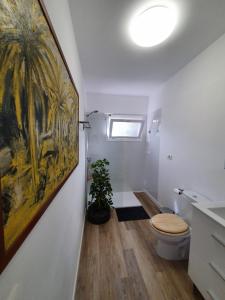 baño con aseo y una pintura en la pared en Cozy and intimate bungalow in Puerto de la Cruz, en Puerto de la Cruz