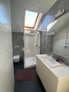 a bathroom with a sink and a shower and a toilet at Apartament Chopina in Suwałki