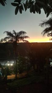 un palmier au coucher du soleil en arrière-plan dans l'établissement Stone Wall Cottages, à Puerto Iguazú