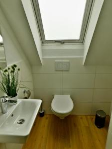 a bathroom with a white toilet and a skylight at Grachtensteern in Greetsiel