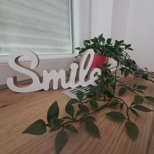 a sign that says smile next to a potted plant at STUDIO 33 in Šabac