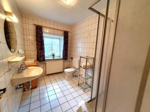 a bathroom with a sink and a toilet and a window at Hof Böhmetal in Schneverdingen +29 photos