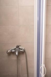 a shower with a shower head in a bathroom at Anadora 2: Hospitable stone house with yard in Alexandroupoli